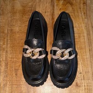 Karl Lagerfeld Black Loafers with Gold Crystal Chain